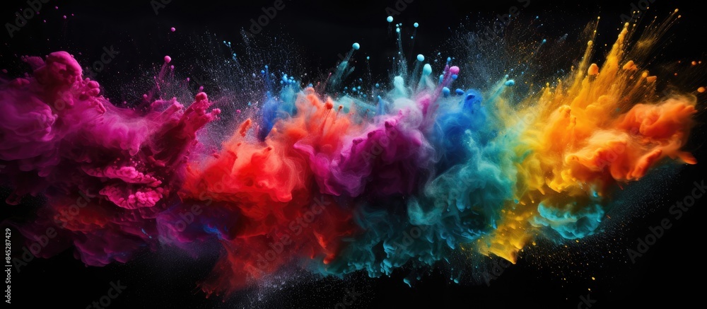 Poster a multicolored powder explosion frozen in a captivating image showcasing abstract splatters on a bla