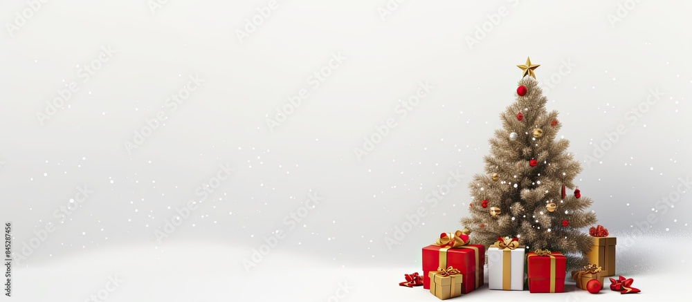 Fototapete A festive scene with a Christmas tree and presents accompanied by a notebook paper and pencil set on a desk against a white background with space for additional images or text