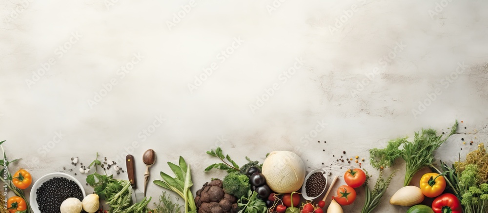 Poster a top view of a springtime gardening composition with organic vegetables fruits and garden tools on 