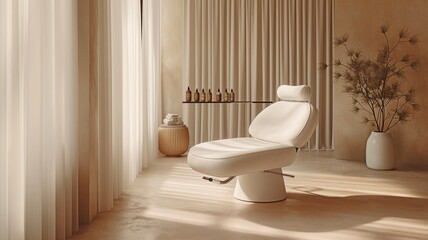 A serene and sophisticated spa lounge area featuring a modern chaise lounge, elegant lighting, and luxurious decor.