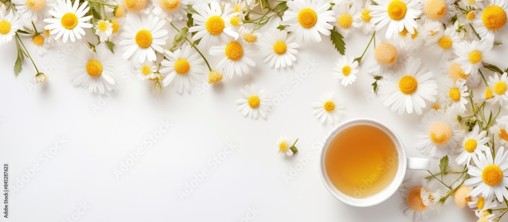Poster a chamomile tea concept is presented in a flat lay photograph showing a tea cup adorned with daisies