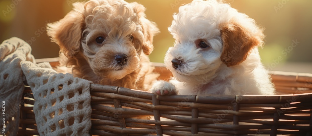 Poster adorable poodle puppy exploring the basket with a baby dog looking around in a playful and endearing