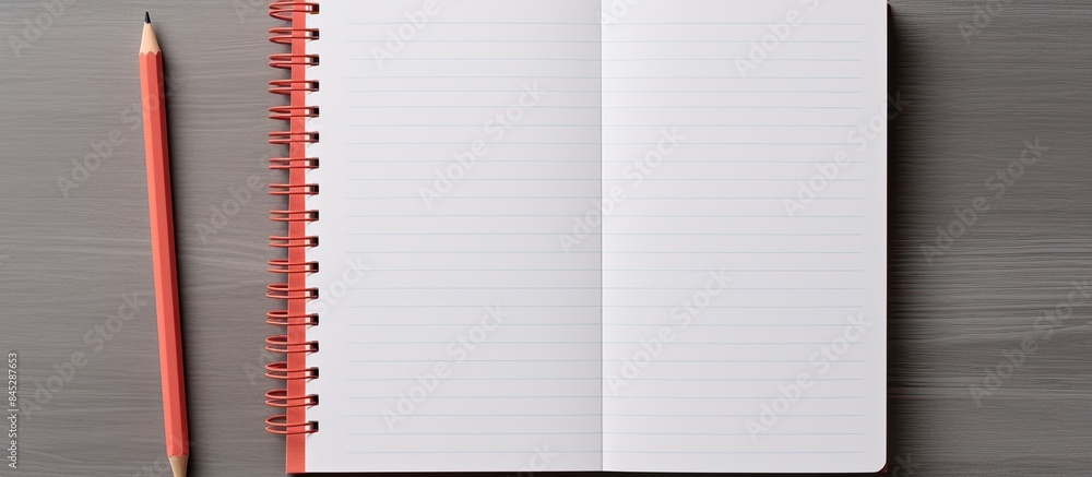 Leinwandbilder a top view of a living coral notebook with a pencil on a gray background there is a blank notepad in