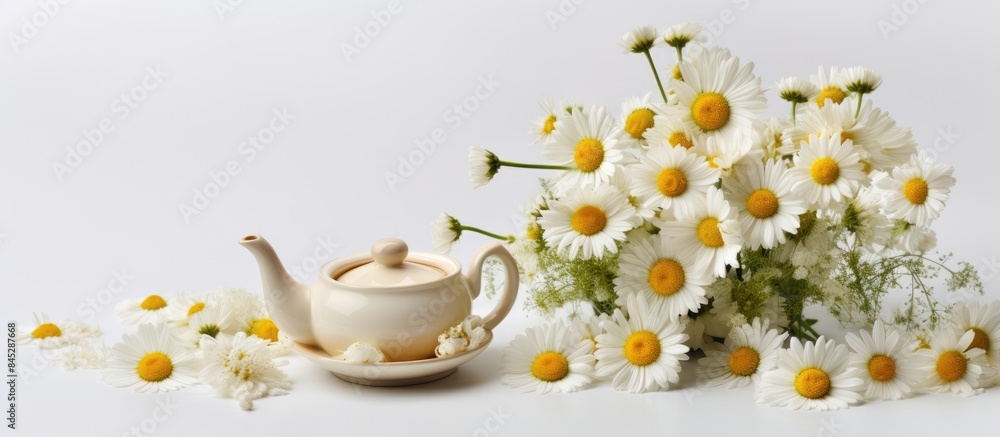 Poster a chamomile tea concept is presented in a flat lay photograph showing a tea cup adorned with daisies