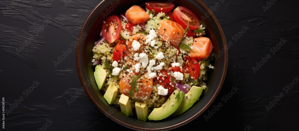 Poster top view of a poke bowl featuring quinoa salmon avocado and feta cheese on a dark background perfect