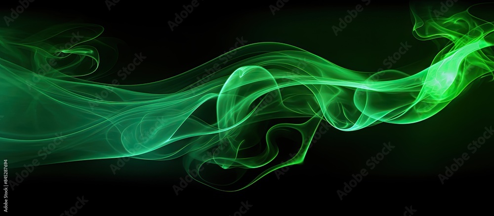 Fototapete An artistic green smoke flow resembling a gas flow shape can be seen in the isolated black background creating a mesmerizing magical fume with a captivating color and scent The image contains empty c