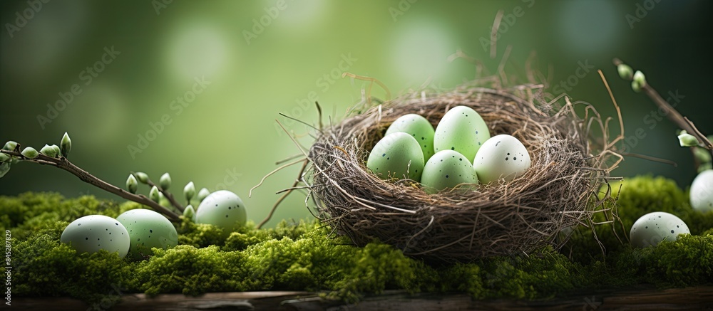 Poster easter concept background with a bird nest filled with green eggs and one white egg the image is per