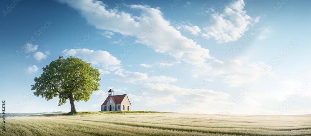 Poster a serene landscape of a church surrounded by a lush field with a majestic tree reaching towards the 
