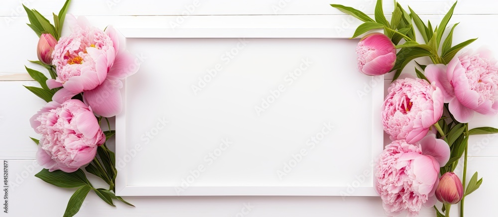 Poster a white background hosts an empty wooden picture frame accompanied by fresh peonies this flower comp