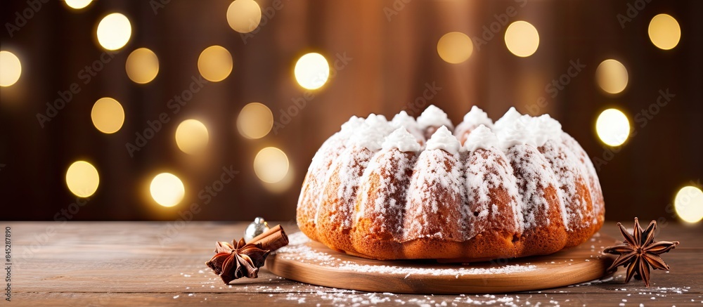 Poster a festive display of a homemade christmas bundt cake and linzer cookies placed on a wooden table wit
