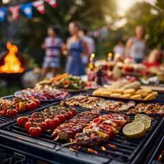 BBQ grill with friends and family, patriotic-themed foods, red, white, and blue decorations selective focus, community gathering, vibrant, Double exposure, backyard backdrop