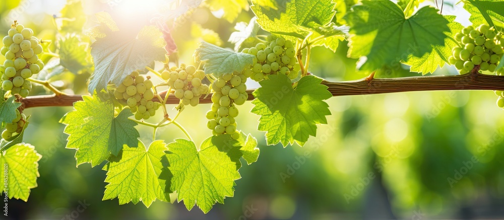 Poster In spring the agriculture nature background comes alive with grapevine shoots adorned with flower buds and leaves creating a captivating copy space image