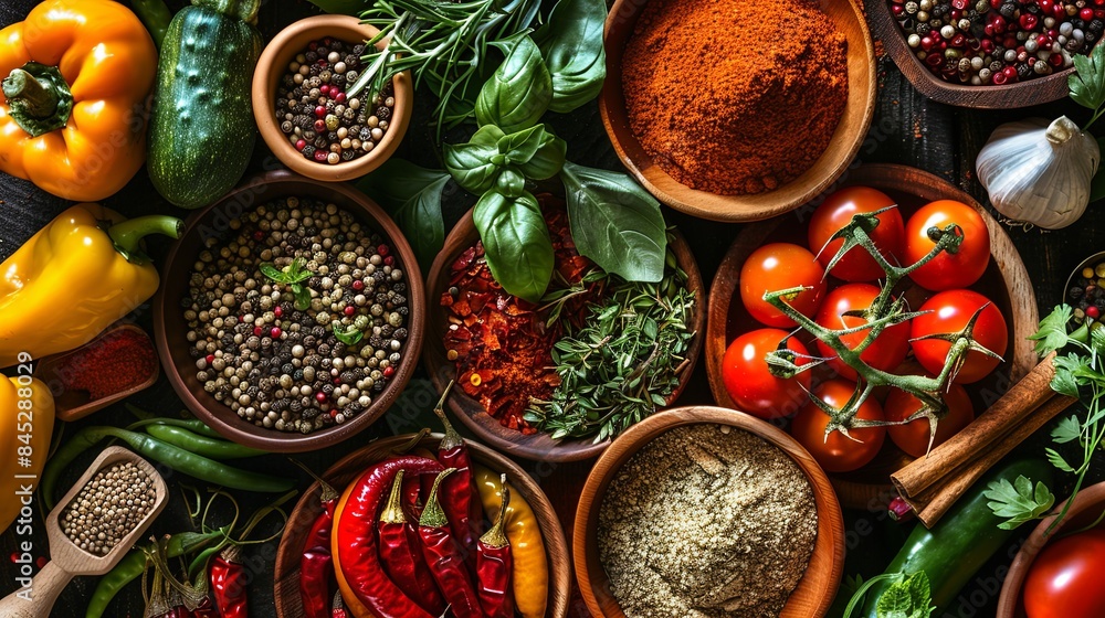 Aufkleber a flat lay image showcasing a variety of fresh vegetables and spices arranged on a rustic wooden kit