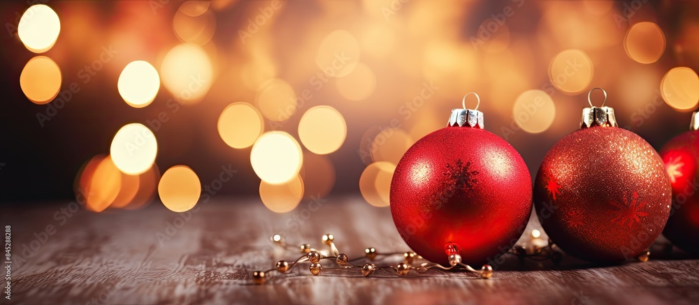 Poster A Christmas greeting card with festive decorations on a bokeh background creating a New Year concept The image features copy space and is presented in a flat lay with a top view