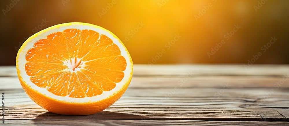 Poster a vibrant orange slice adds a burst of flavor on a rustic wooden surface it s a refreshing vegan sna