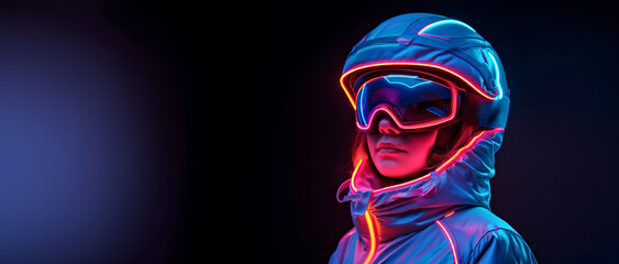 Naklejka premium Futuristic Neon Snowboarding Gear - Cyberpunk Style with Reflective Jacket, Helmet and Goggles