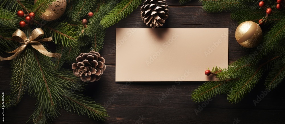 Poster A nature themed New Year concept showcasing a creative Christmas blank greeting card mock up scene with a flat lay The scene features a layout composed of Christmas tree branches and a paper card not