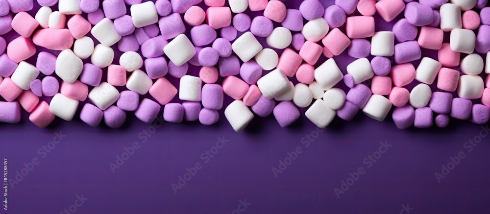 Poster A purple background displays a vibrant arrangement of colored marshmallows with a flat lay design The tabletop mockup provides ample copy space for customization