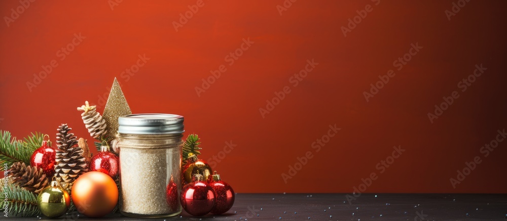 Poster Christmas themed objects like a jar of cream ornaments fir branches and a sweater are arranged on a colorful background in a copy space image