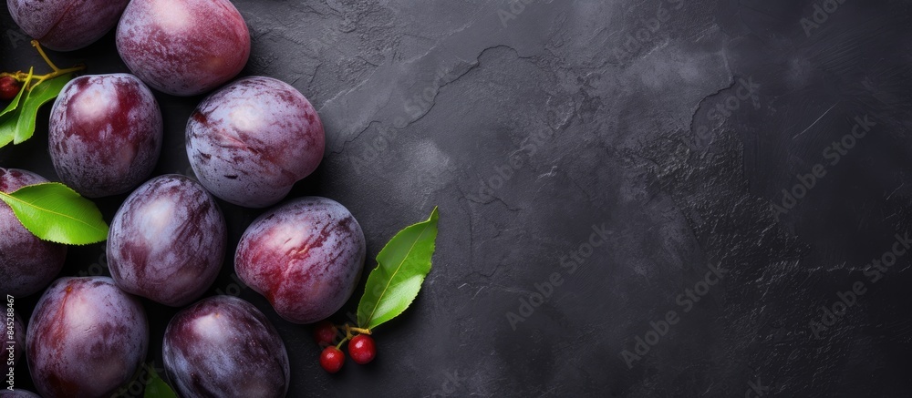 Aufkleber Top view of fresh plums arranged in a pattern on a dark stone background creating a visually appealing image with copy space for additional elements These healthy summer fruits are showcased beautifu