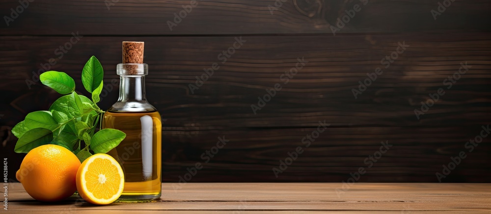 Poster Copy space image of a bottle of essential oil accompanied by fresh oranges and mint placed on a rustic wooden table leaving room for additional text
