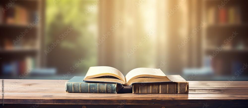 Poster A wooden table with hardcover books spread open creating an image of an educational environment with a copy space for text perfect for back to school related content