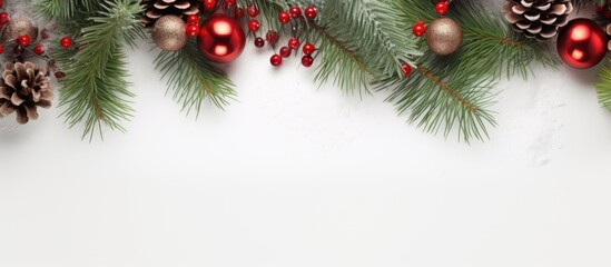 A festive composition for Christmas and New Year s featuring decorative elements such as gift boxes and pine branches on a white background The top view allows for a clear view of the arrangement cre