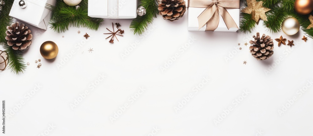 Aufkleber Christmas decorations and gifts are arranged in a festive frame on a white background providing empty space for design in this flat lay copy space image