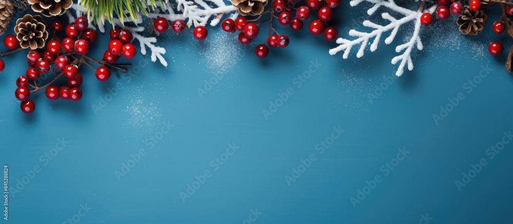 Poster a festive composition for christmas and new year with snowflakes deer spruce branches and red berrie