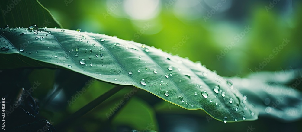 Leinwandbilder A vintage toned close up image of raindrops on a textured green leaf in a tropical nature setting creating an abstract background It highlights the concepts of ecology environment and travel adventur
