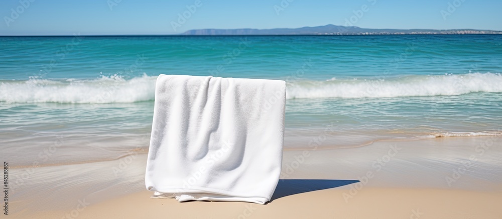 Aufkleber The beach presents a serene scene with an empty towel placed on the sand under the bright summer sun In the background an expansive ocean landscape complements the image providing ample copy space fo