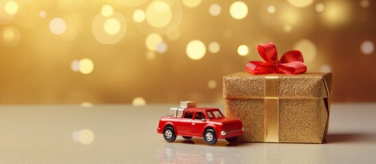 A festive greeting card with a minimal design showcasing a gift delivery concept It features a little red toy car and a Christmas tree on a sparkling golden background perfect for celebrating Christm