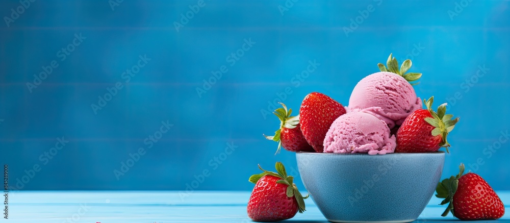 Poster A mouthwatering berry ice cream served in small bowls placed on a blue background with fresh strawberries There is ample space around the image for additional content