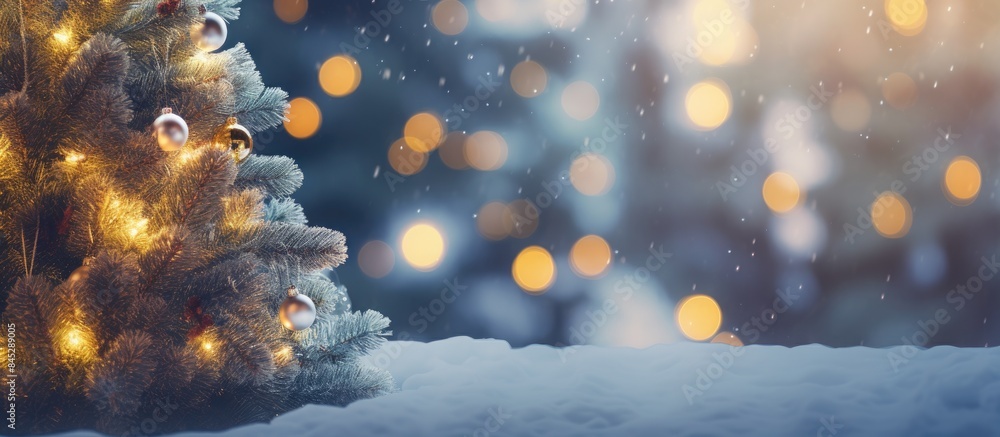 Poster festive christmas tree adorned with a fir tree set against a blurred background the image creates a 