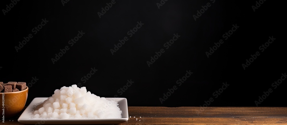 Poster a black square plate holds white and brown sugar nubs creating an enticing display on a bright woode