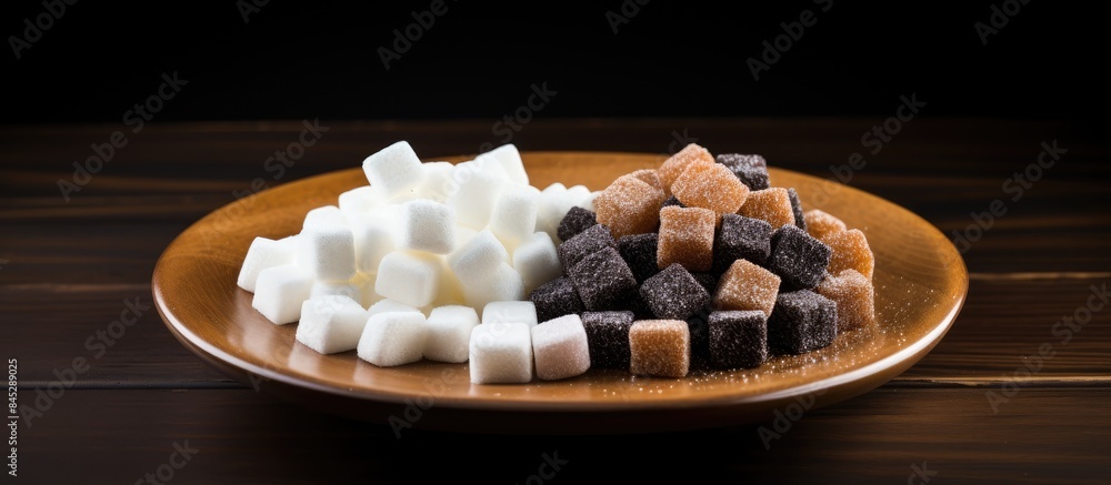 Poster a black square plate holds white and brown sugar nubs creating an enticing display on a bright woode
