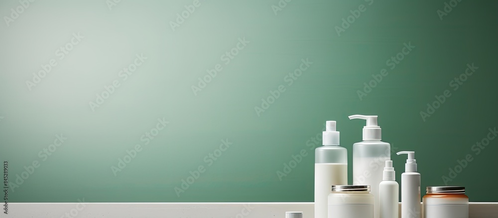 Poster a collection of cosmetic containers including a dispenser bottle and jars for various cosmetic produ