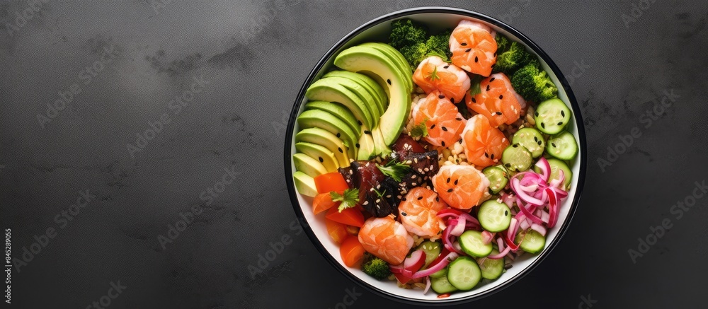 Poster top view of a hawaiian salmon and shrimp poke bowl with seaweed avocado watermelon radish edamame an