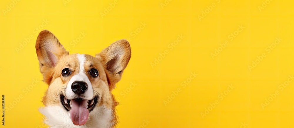 Poster Cute corgi with a joyful expression resting on a yellow backdrop in a studio Represents the idea of a domestic companion with empty space for text or design elements. Creative banner. Copyspace image