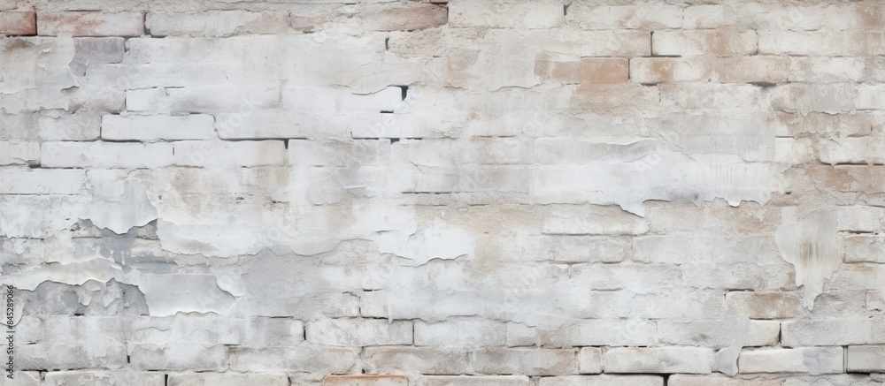 Poster An angle view of a worn and dingy brick wall with a texture resembling white paint creating a background for copy space image 196 characters