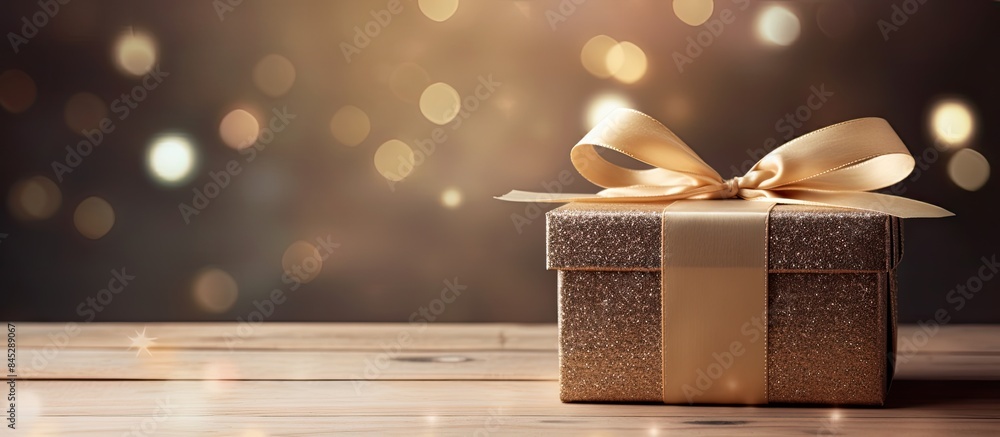 Aufkleber a beautifully decorated vintage gift box with a delicate bow sits on top of a rustic wooden backgrou