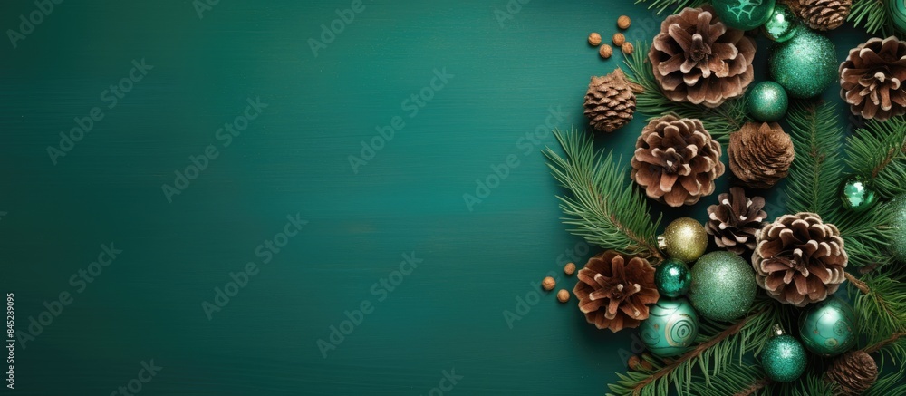 Poster a festive arrangement with a wooden christmas tree hazelnuts and pine cones on a green paper backgro