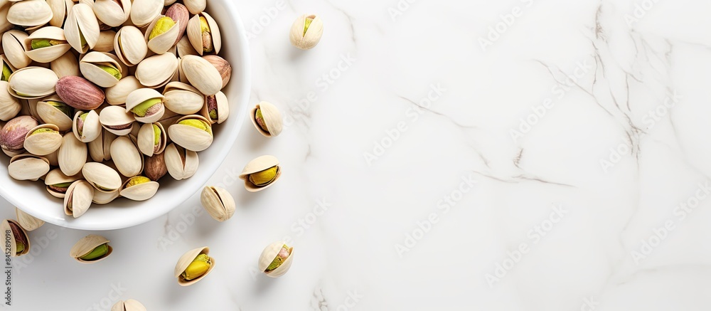 Aufkleber A healthy snack pistachio nuts displayed in a bowl on a white marble table The top view captures a close up of the enticing arrangement with plenty of copy space for additional elements in the image