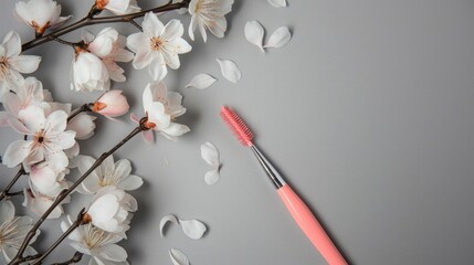Pink tweezer and false eyelashes on grey background with white flowers from above Beauty theme Space for text