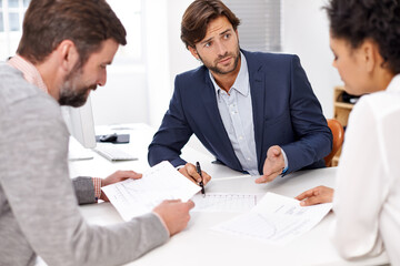 Business people, finance and meeting with documents in discussion for budget, profit or corporate statistics at office. Group of employees with paperwork or financial report for growth or revenue
