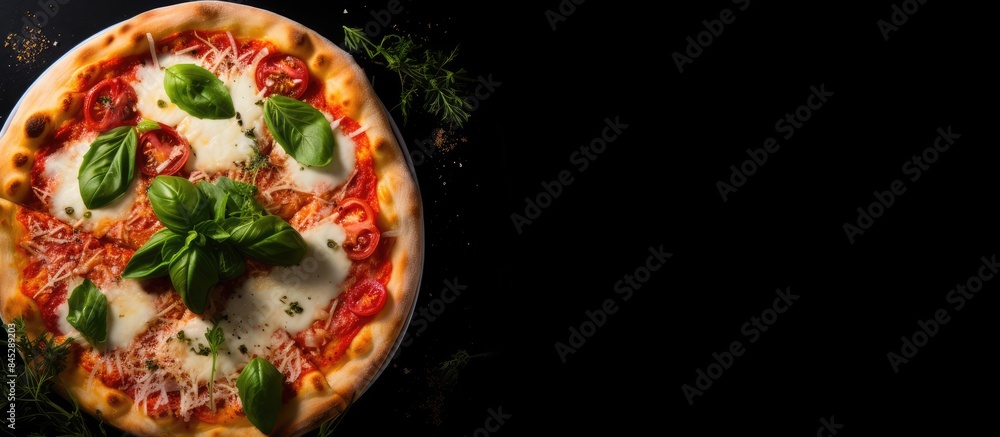 Poster top view of a mouthwatering italian margherita pizza with mozzarella cheese tomato sauce and fresh b