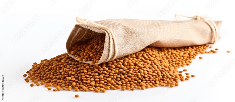 Poster A copy space image of dry uncooked lentils in a white paper bag isolated on a white background captured with soft light in a studio setting Perfect for a festive dish during Christmas and New Year ce