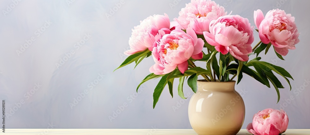 Aufkleber Bright pink peonies are arranged in a vase against a light background The vibrant flowers are in full bloom creating a captivating image The concept of the card is complemented by the copy space prov