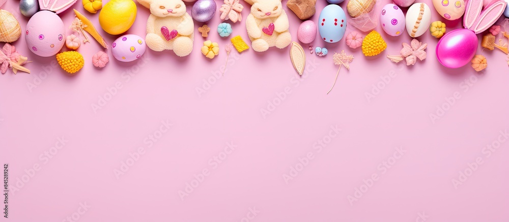Poster a festive easter greeting card featuring vibrant rabbits eggs chickens and carrots gingerbread cooki