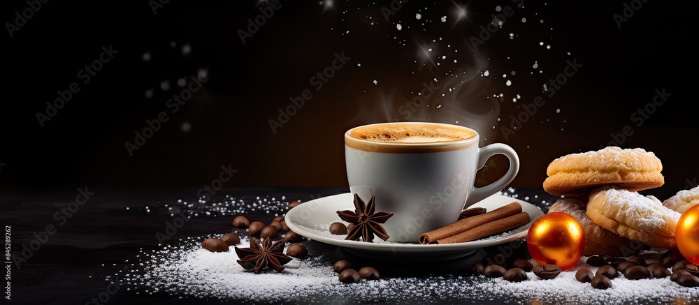 Poster enjoy a delightful cup of coffee accompanied by delicious cookies topped with jelly cream and powder